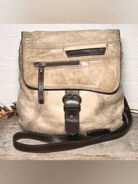 The Trend Vintage Leather Shoulder Bag Taupe & Brown Multiple pockets